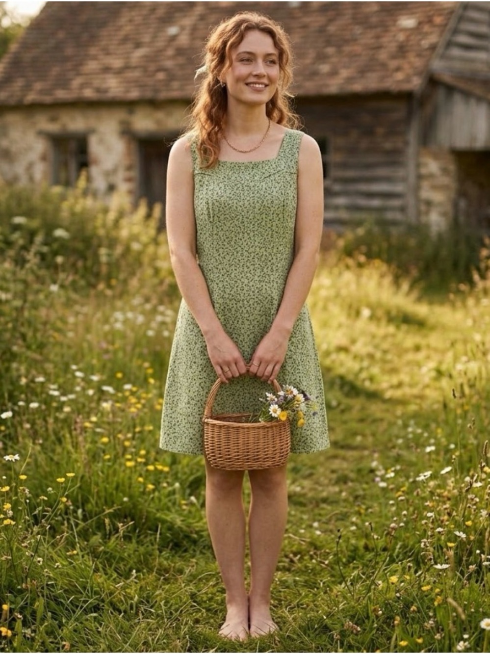 FADED GLORY | Vintage Cottage core Green Floral Cotton Dress